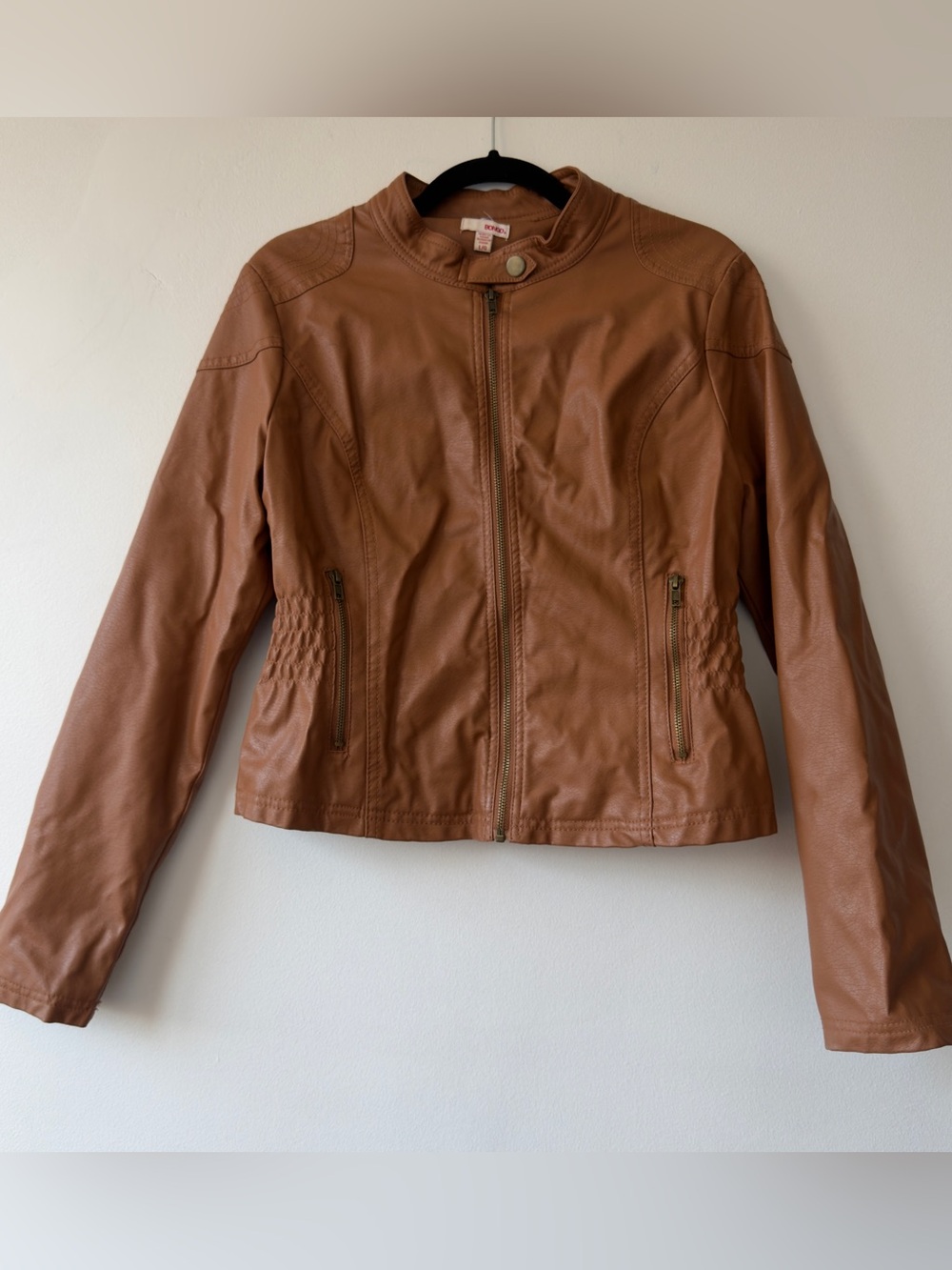 Bongo Cognac Brown Faux Leather Moto Jacket Smocked Waist Size Large